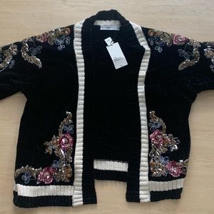 Zara chenille oversized cardigan w/ floral sequins